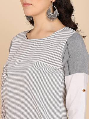 Vahson women colorblock cotton blend straight kurta grey 5