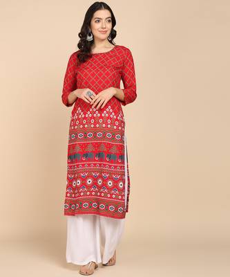  printed cotton blend straight kurta red 1