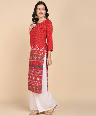  printed cotton blend straight kurta red 2