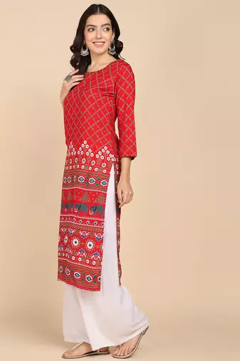  printed cotton blend straight kurta red