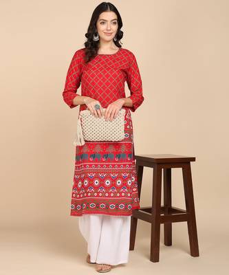  printed cotton blend straight kurta red 3