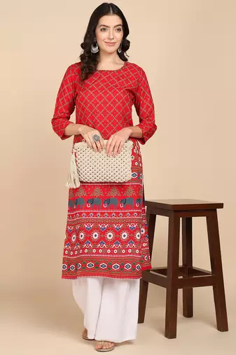  printed cotton blend straight kurta red