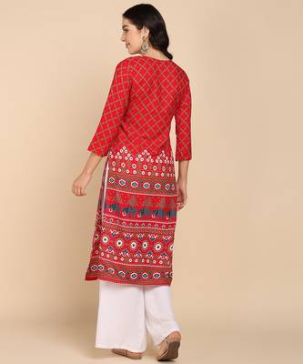  printed cotton blend straight kurta red 4