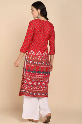  printed cotton blend straight kurta red