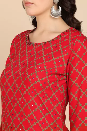  printed cotton blend straight kurta red