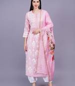 Chikankari chanderi pink color kurta with matching chanderi printed dupatta featured by white thread embroidery