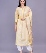 Chikankari chanderi yellow color kurta with matching chanderi printed dupatta featured by white thread embroidery