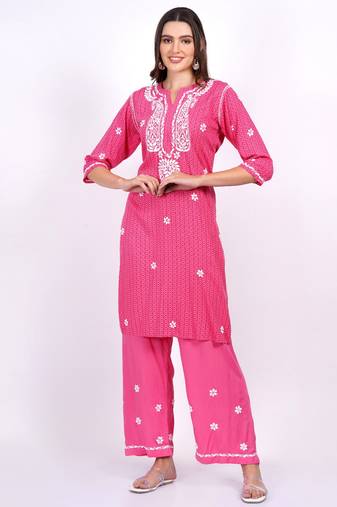 Chikankar suit set pink rayon fabric featured with lucknowi white thread hand embroiderby sufiza lifestyle