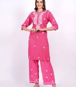 Chikankar suit set pink rayon fabric featured with lucknowi white thread hand embroiderby sufiza lifestyle