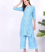 Chikankar suit set blue rayon fabric featured with lucknowi white thread hand embroiderby sufiza lifestyle