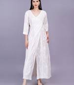 Chikankari dobby cotton angrakha style cream color full length kurta featured by white thread embroidery
