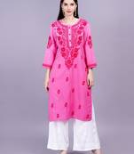 Chikankari cotton dual shaded pink color kurta ghas pati style hand embroidery, best for casual and party wear