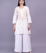 Chikankari cotton cream color kurti with ghas pati style hand embroidery, best for casual and party wear