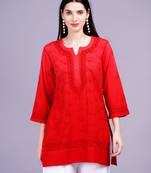 Chikankari red dual shaded cotton kurti ghas pati and bakhiya style hand embroidery, best for casual and party wear