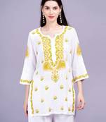 Chikankari dobby cotton white color kurta with dual color ghas pati style hand embroidery