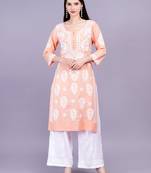 Chikankari cotton dual shaded pink color kurta ghas pati style hand embroidery, best for casual and party wear