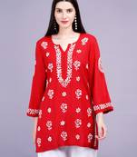 Chikankari red kurti ghas pati style hand embroidery, viscose rayon best for casual and party wear