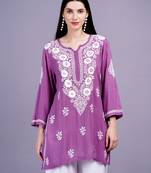 Chikankar modal cotton wine color kurti ghas pati style hand embroidery, best for casual and party wear