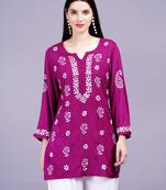 Chikankari onion color kurti ghas pati style hand embroidery, viscose rayon best for casual and party wear