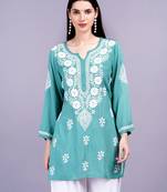 Chikankar modal cotton green color kurti ghas pati style hand embroidery, best for casual and party wear