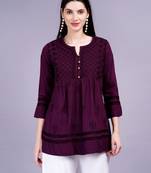 Chikankari dark wine color cotton kurti ghas pati and bakhiya style hand embroidery, best for casual and party wear