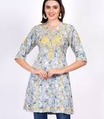 Chikankari linen kalidar short kurti  with yellow color thread hand embroidery by sufiza lifestyle
