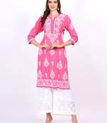 Chikankari rayon pink kurta featured by tradition lucknowi chikankari white thread hand embroidery by sufiza lifestyle