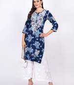 Chikankari export quality navy blue rayon printed kurta featured by tradition hand embroidery by sufiza lifestyle