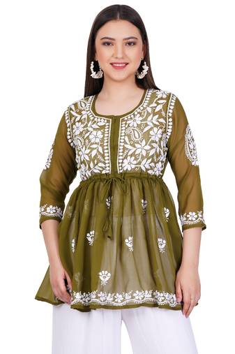 Chikankari georgetter peplum dress with thread ghas pati hand embroidery best summer collection by sufiza lifestyle