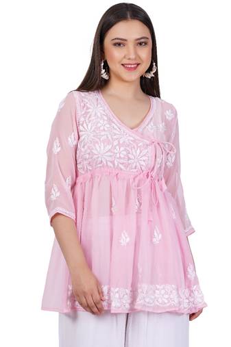 Chikankari georgettelinght pink peplum dress with thread ghas pati hand embroidery