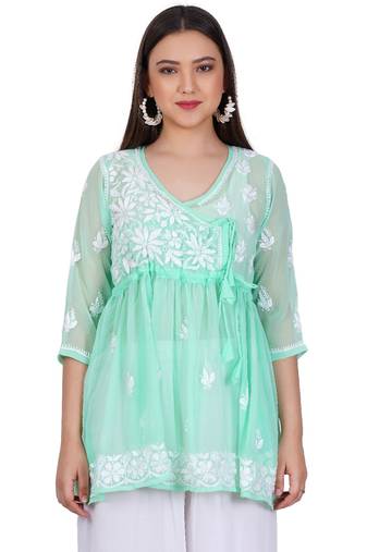 Chikankari georgette green peplum dress with thread ghas pati hand embroidery best summer collection by sufiza lifestyle