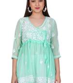 Chikankari georgette green peplum dress with thread ghas pati hand embroidery best summer collection by sufiza lifestyle