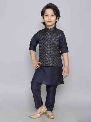 Kurta set with woven sequence embriodered button up jacket- navy blue 1