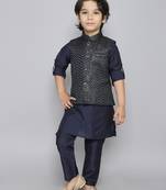 Kurta set with woven sequence embriodered button up jacket- navy blue