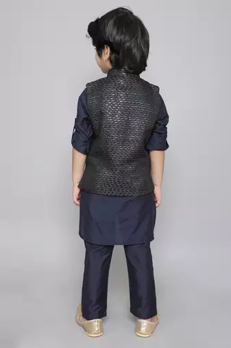 Kurta set with woven sequence embriodered button up jacket- navy blue