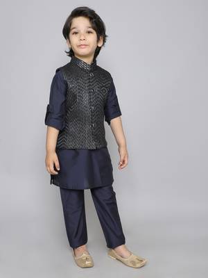 Kurta set with woven sequence embriodered button up jacket- navy blue 3