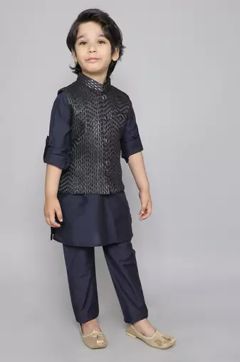 Kurta set with woven sequence embriodered button up jacket- navy blue