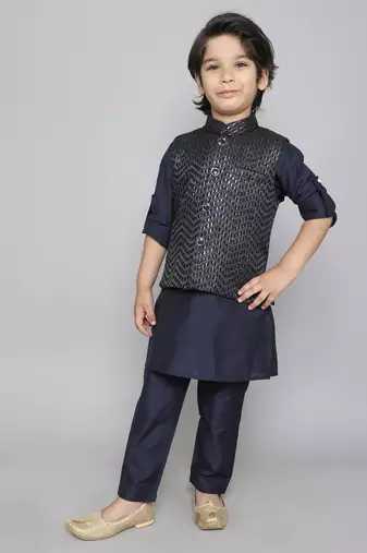 Kurta set with woven sequence embriodered button up jacket- navy blue