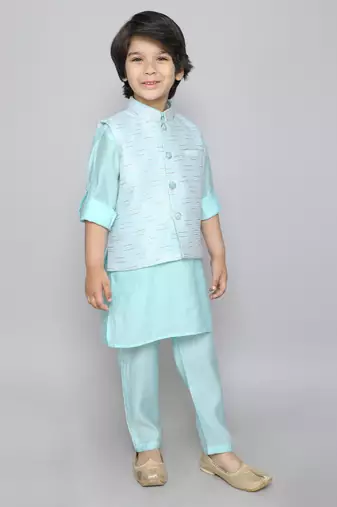 Kurta set with embriodered button up jacket- blue