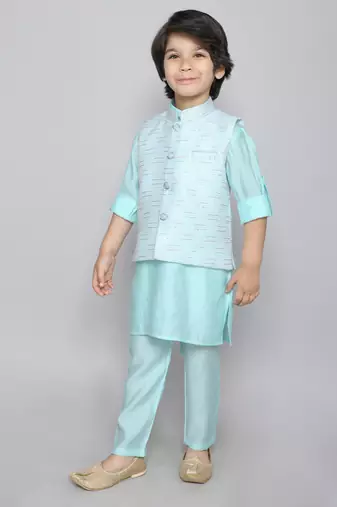 Kurta set with embriodered button up jacket- blue