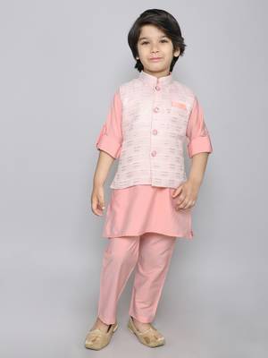 Kurta set with woven embriodered button up jacket - peach 1