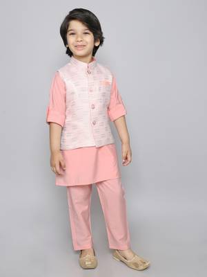 Kurta set with woven embriodered button up jacket - peach 3