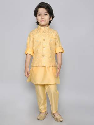 Kurta set with self embriodered button up jacket- yellow 1
