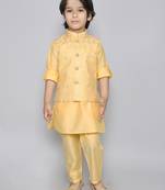 Kurta set with self embriodered button up jacket- yellow