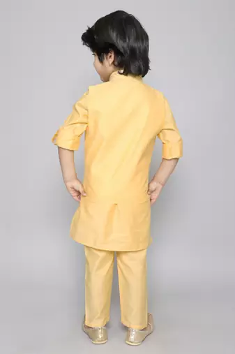 Kurta set with self embriodered button up jacket- yellow