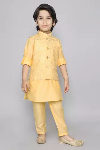 Kurta set with self embriodered button up jacket- yellow
