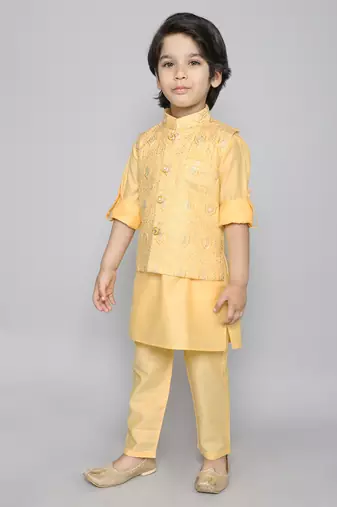 Kurta set with self embriodered button up jacket- yellow