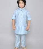 Kurta set with self embriodered button up jacket- blue