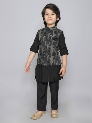 Kurta set with silver foil print button up jacket- black 1