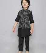 Kurta set with silver foil print button up jacket- black